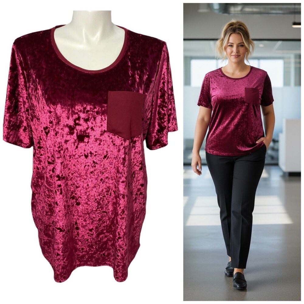 Evri Top Womens 2x Cranberry Red Crushed Velvet Look Short Sleeve Knit Holiday